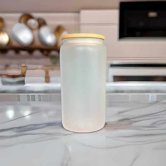 16 oz Frosted Sublimatable Glass Beer Can with Bamboo Lid & Straw 16 oz Frosted Sublimatable Glass Beer Can with Bamboo Lid & Straw